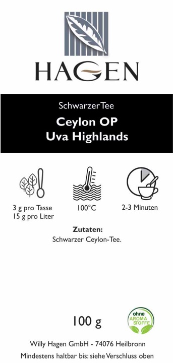Schwarzer Tee Ceylon OP Uva Highlands